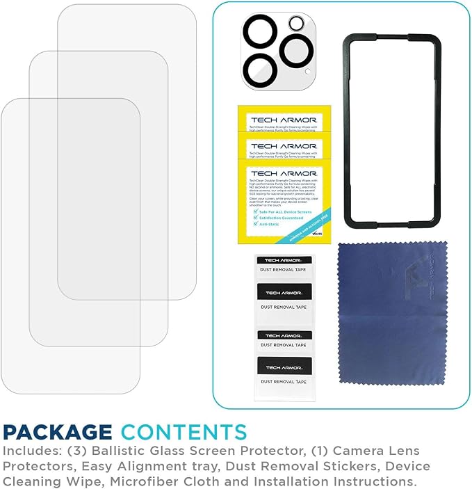 Tech Armor for Apple iPhone 16 Pro Screen Protector Glass 6.3 inch - Ballistic Tempered, Case Friendly, Easy Install, Sensor Protection, HD, 9H Hardness, 3 Pack + Bonus Camera Lens Protector - Image 6