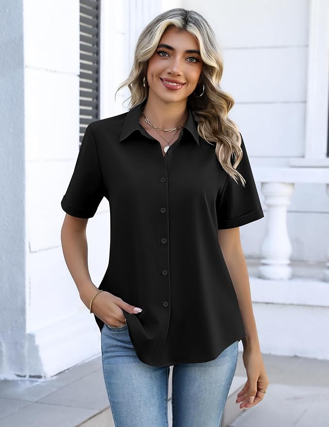 Zeagoo Button Down Shirts for Women Short Sleeve Collared Tops Dressy Casual V Neck Blouses - Image 5