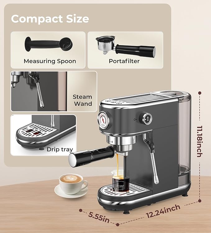 atatix 20 Bar Espresso Machine with Milk Frother, Compact Espresso Maker | Stainless Steel Coffee Machine with Precise Temp Control, 44oz Removable Water Tank for Latte, Cappuccino, Dark Grey - Image 9
