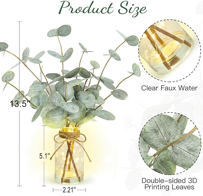 Bessol Artificial Eucalyptus Stems in Glass Vase with Faux Water, 13.5" Fake Plants for Home Decor, Coffee Table Centerpieces, Office, Bathroom & Farmhouse Weddings - Faux Greenery Plants Decorations - Image 5