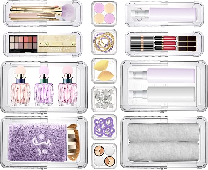 14 Pcs Clear Drawer Organizer, Adjustable Drawer Storage Box, 3-Size Desk Drawer Organizer, Acrylic Storage Bins for Makeup, Cosmetic, Kitchen Utensils, Bedroom Dressers Tool Organizer for Gadgets - Image 7