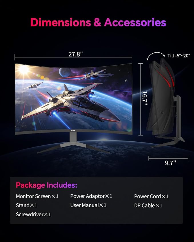 KTC 32 Inch 240Hz Curved Gaming Monitor, 2K 1440P PC Computer Monitor 1000R, 1ms (MPRT), 4000:1 Contrast, 122%sRGB, Adaptive Sync, HDMI Display Port, Tiltable, VESA Mount, H32S25E - Image 9