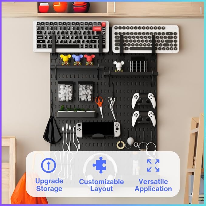 Keepo Peg Board Wall Organizer for Gaming Setup, Pegboard with Adhesives & Screw Mounts, Includes Peg Board Accessories for Gaming Accessories, Tech Storage & Office Organization (Black, 33″×22″) - Image 6