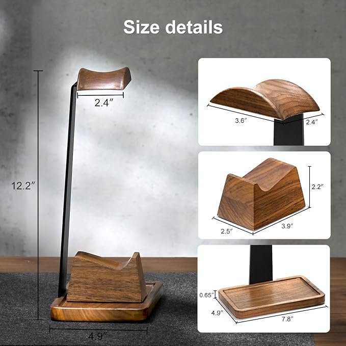 UPERGO Walnut Headphone Stand with Controller Holder & Storage Base | Solid Wood Grain, Gear & Charger Storage, Gamer Gift for PS5 Xbox Controllers, Desk Accessories - Image 9