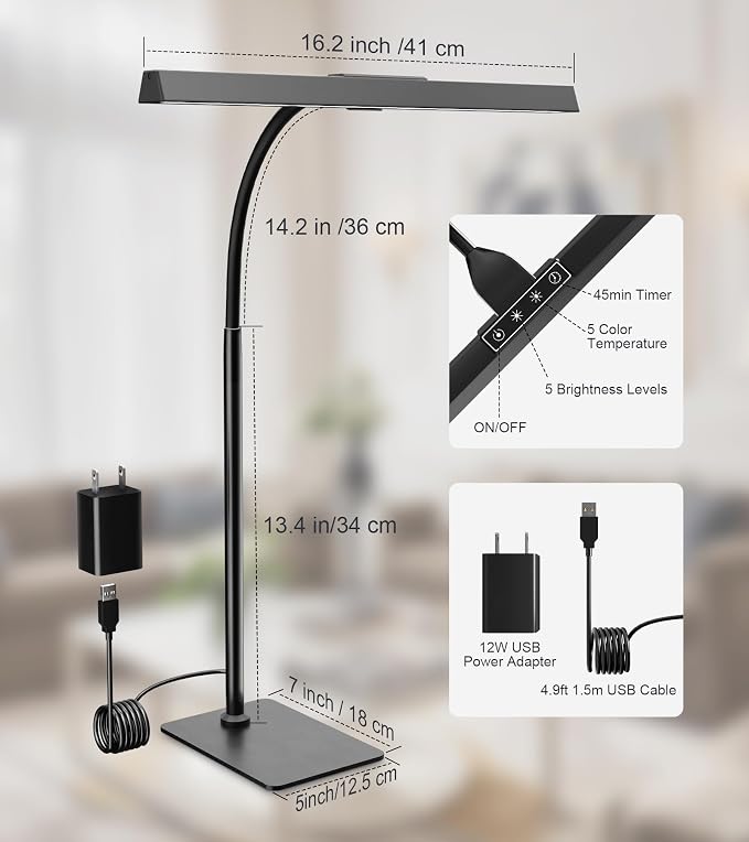 LED Desk Lamp for Home Office with Base, Eye-Caring Desk Light 12W | Tall Lamp for Computer Monitor Task Reading, Adjustable Gooseneck, 5 Dimmable Brightness & Color, USB Touch Control, Timer - Image 9