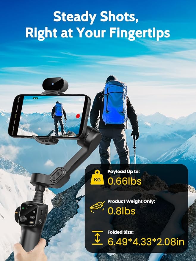 AOCHUAN 3-Axis Gimbal Stabilizer for iPhone & Android,NO APP AI Tracking,7.8' Built-in Extension Rod,Phone Stabilizer for Video Recording,OLED Display,Trigger Button,Sport,Vlogging(Smart V8 AI Black) - Image 6