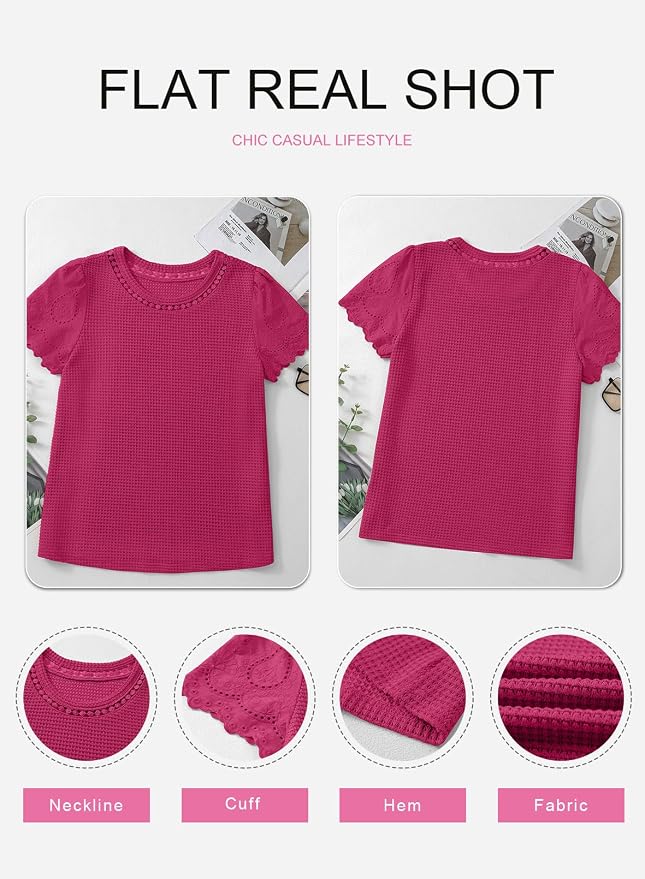 SHEWIN Womens Frenchy Summer Tops Crewneck Short Sleeve T Shirts Casual Waffle Knit Jacquard Blouses Top Shirts - Image 8