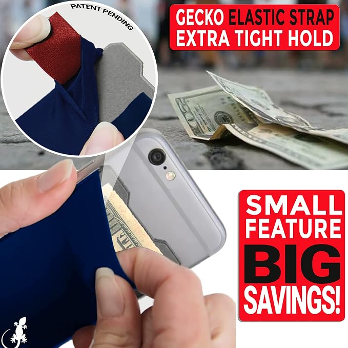 Gecko Travel Tech Double Pocket - Adhesive Card Holder - Cell Phone Pouch - Stick on Spandex Pocket - Carry Credit Cards and Cash (Navy) - Image 9