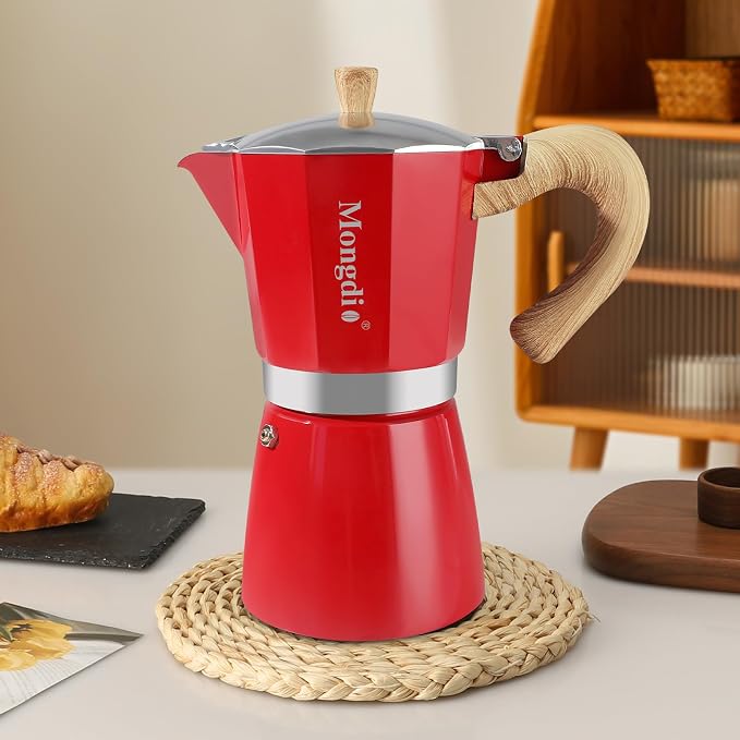 Mongdio Stovetop Espresso Maker Moka Pot, Cuban Coffee Maker Stove top coffee maker Moka Italian Espresso Greca Coffee Maker Brewer Percolator, 12 Espresso Cups, 20 oz - Red - Image 8