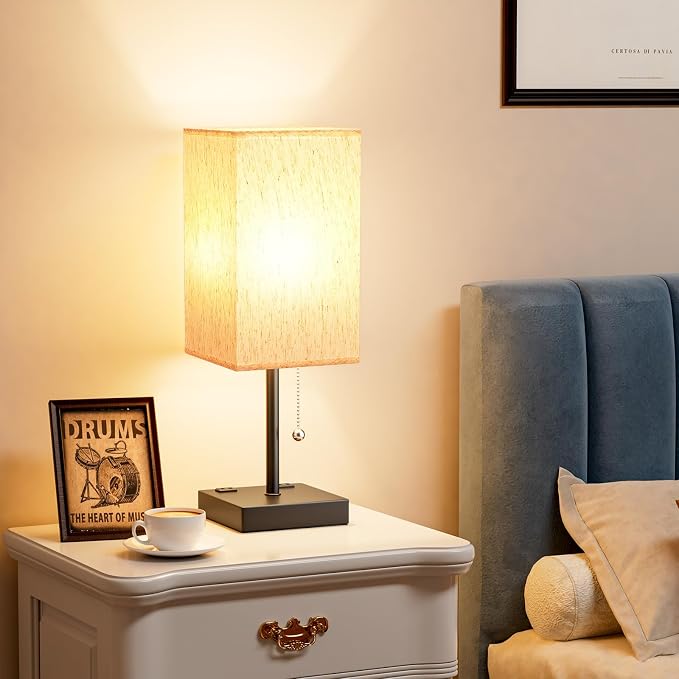 Bedside Lamp for Bedroom - 3 Color Temperatures, USB A+C, 2 AC Outlets | Pull Chain Switch, LED Bulb Included, Cream Fabric Shade, 17.4" Table Lamp for Nightstand, Desk, Living Room, Office - Image 7