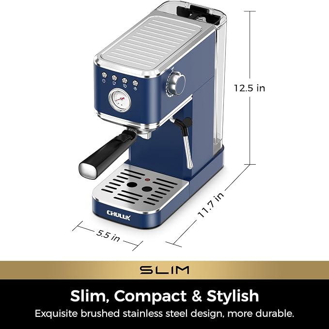 CHULUX Slim Espresso Machine with Milk Frother for Home Latte, Dark Blue | Precise Pressure Gauge, Food-Grade Materials, 20 Bar Italian Pump, Professional Temperature Control System, Stainless Steel - Image 8