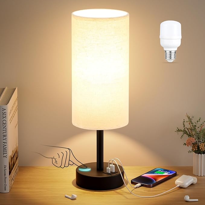 Dicoool Bedside Table Lamp for Bedroom - 3-Way Dimmable Touch Lamp, USB A+C | LED Bulb Included, 14" Small Nightstand Lamp for Desk, Living Room, Guest Room, Beige Fabric Lampshade, Black Metal Base - Image 7