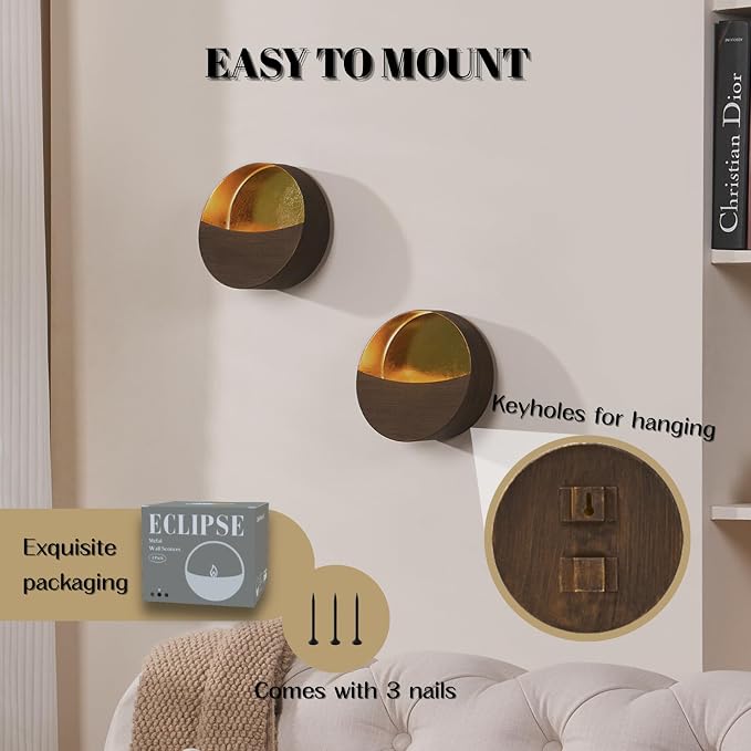 Eclipse Wall Candle Holder Set of 2, Metal Candle Sconces with Brushed Wood Grain and Gold Interior, Christmas Wall Decor for Living Room, Bedroom, and Modern Farmhouse - Image 7