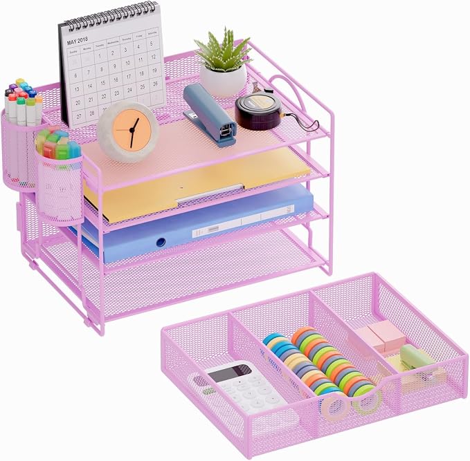 Marbrasse Desk Organizer, 4-Tier Paper File Letter Tray, Purple | Sturdy Paper Tray, File Holder, Built-in Drawer, 2 Pen Slots, fits Letters/Files, for School Home Office Supplies - Image 6