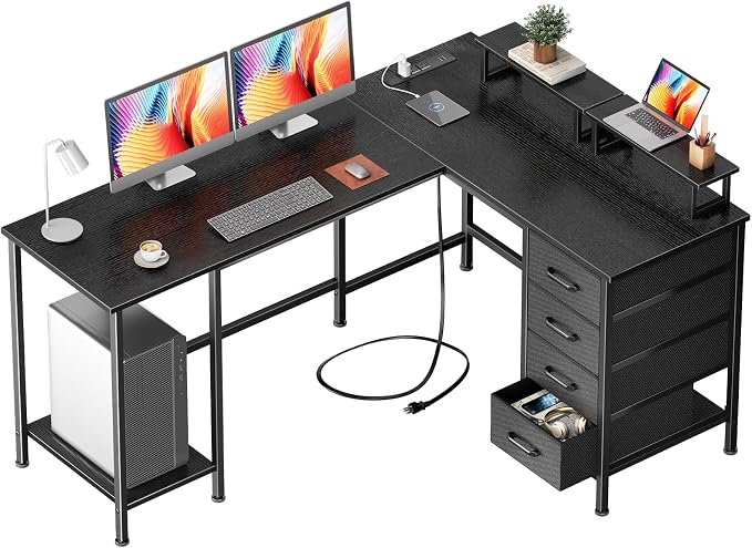 Korfile 59 inch L Shaped Computer Desk with Power Outlets, Black | Ideal for Home Office, Bedroom, Corner, 4 Adjustable Storage Drawers, 2 Monitor Stands, Reversible, Two Person Gaming Table - Image 9