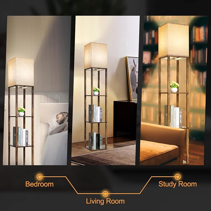 RUNTOP Floor Lamp with Shelves, Modern Shelf Lamp for Display Storage, 3 Color Temperature Wood Narrow Standing Corner Lamp with 8W Bulb for Living Room Decor, Bedroom, Office, Home Decor(Brown) - Image 8