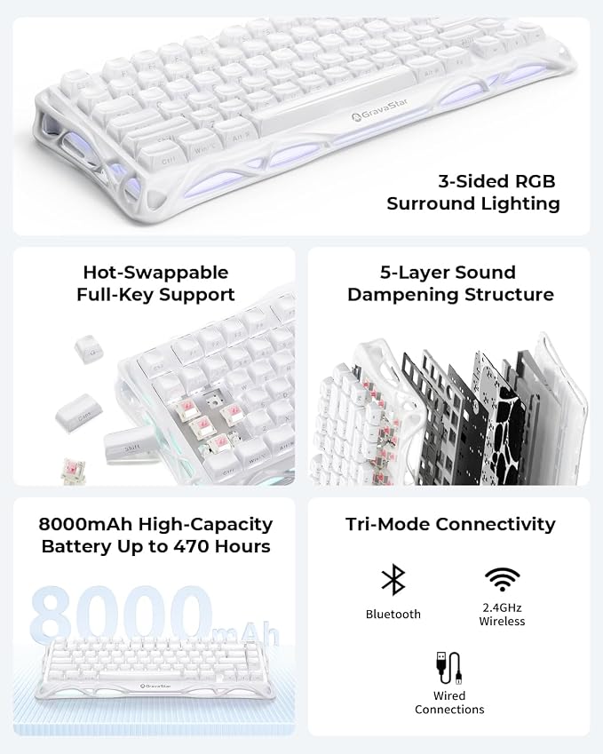 GravaStar Mercury K1 75% Wireless Mechanical Gaming Keyboard RGB Backlit | Gasket Mount, Hot Swappable Linear Switches, Creamy Sound Keyboard, 2.4GHz/USB-C/Bluetooth 5.0, for Win/Mac【Opaline White】 - Image 7