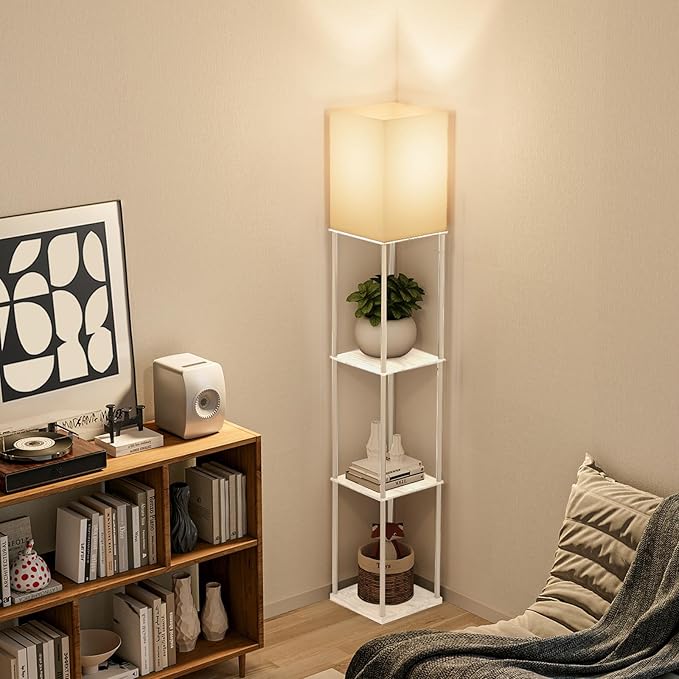 Gupuzm Floor Lamp with Shelves, with Modern Square Standing Lamp with Smart APP Control RGB Bulb, Corner Display Bookshelf Lamp for Living Room, Bedroom and Office (White-9RGB) - Image 6