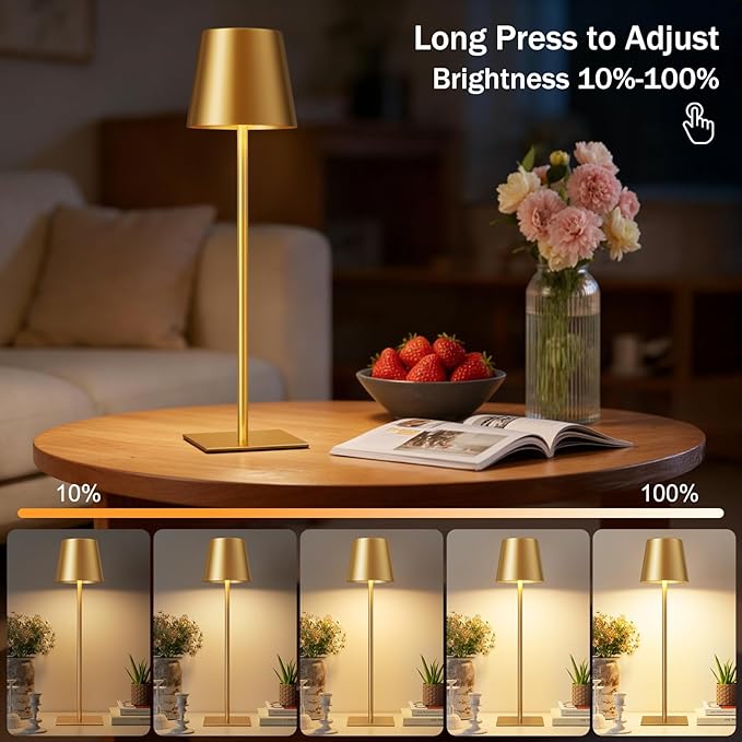 Gold Cordless Rechargeable Table Lamp, 2 Pack Portable Desk Lamp with 5000mAh Battery, Touch Control Stepless Dimming, Wireless Night Light for Dining, Outdoor Camping, Coffee Shop, Water Repellent | 5000mAh, Touch Control, 3 Color Modes Stepless Dimmi... - Image 6
