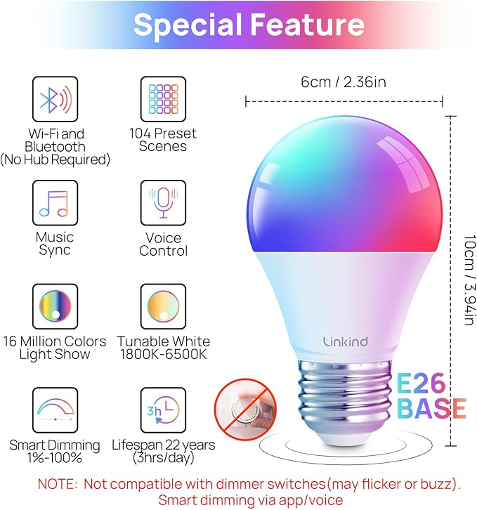 Linkind Smart Light Bulbs, Work with Alexa, Google Home, AiDot | Led Color Changing Light Bulb RGBTW, 2.4G WiFi+Bluetooth, 104 Preset Scene, Music Sync, DIY, Dotis, A19 E26, 60W 800LM, 8Pack - Image 9