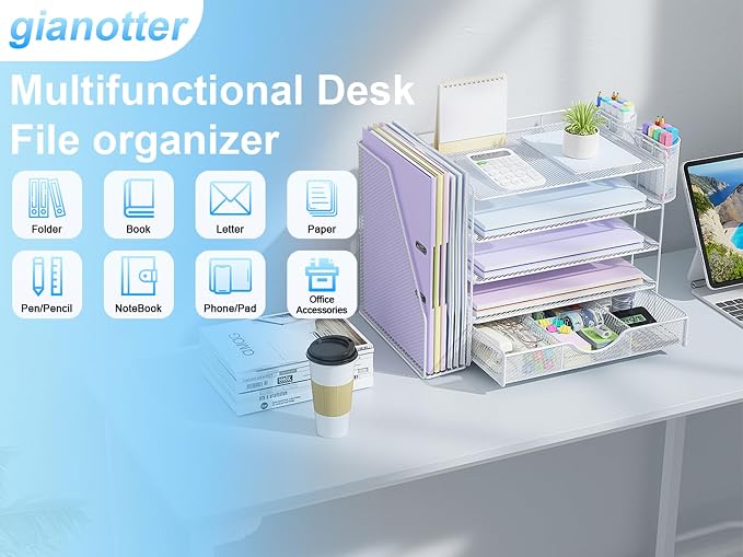 gianotter 5-Tier Desk Organizer with Drawers and File Holders | Letter Trays and Pen Holders - Workspace Accessories for Office Supplies (White) - Image 7