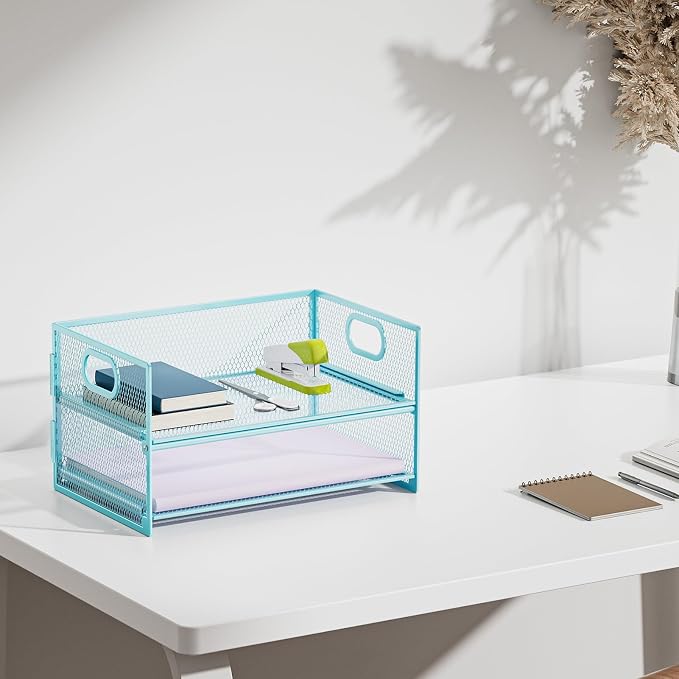 Marbrasse 2 Tier Paper Organizer Letter Tray, Mesh File Organizer with Handle, Paper Sorter Desk Organizer for Home Office Supplies - Blue - Image 6