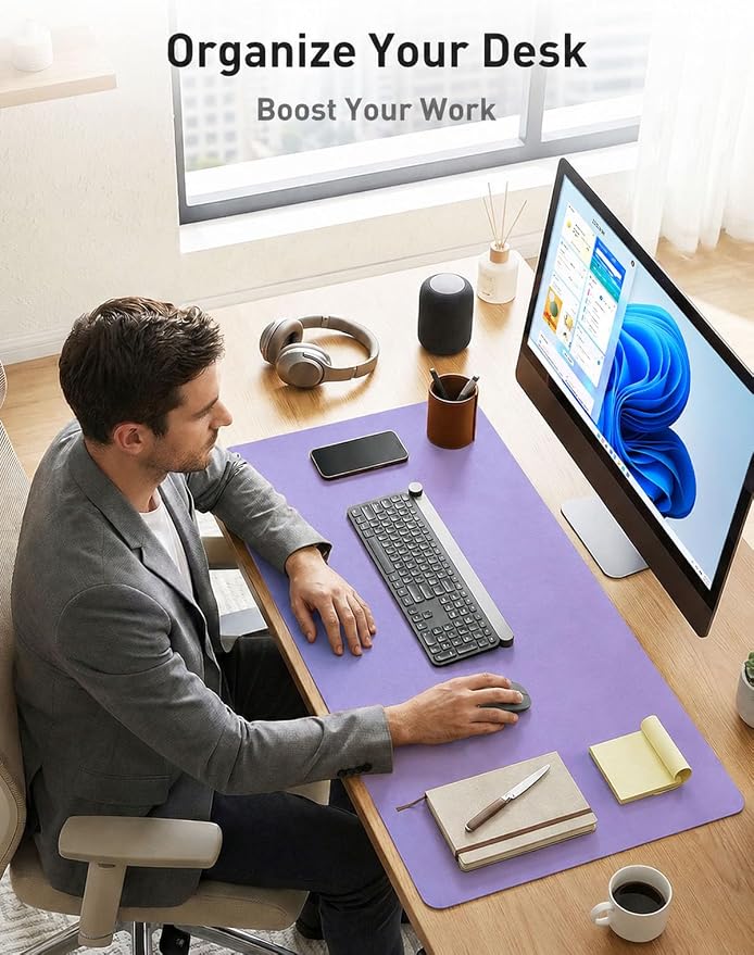 Aothia Faux Leather Desk Mat Mouse Pad, 42" x 17", Light Purple - Image 8