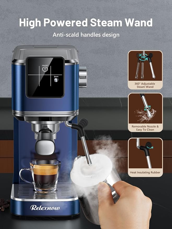 RELEXNOW Espresso Machine, 20 Bar Espresso Maker Milk Frother & LCD Panel, Hot & Iced Coffee Machine, Stainless Steel Espresso Coffee Machine with 41oz Water Tank for Cappuccino, Latte - Image 8