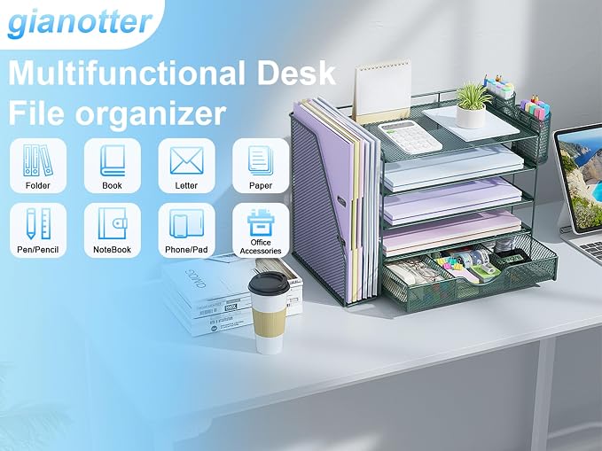 gianotter 5-Tier Desk Organizer with Drawers and File Holders | Letter Trays and Pen Holders - Workspace Accessories for Office Supplies (Green) - Image 7