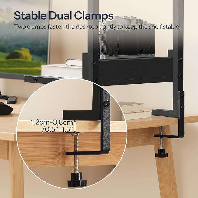 HOOBRO Clamp On Desk Shelf, 2-Tier Desktop Organizer, Space-Saving Desk Shelf with Adjustable Shelves, for Office, Study, Entertainment Accessories, Black BK32SJ01 - Image 8