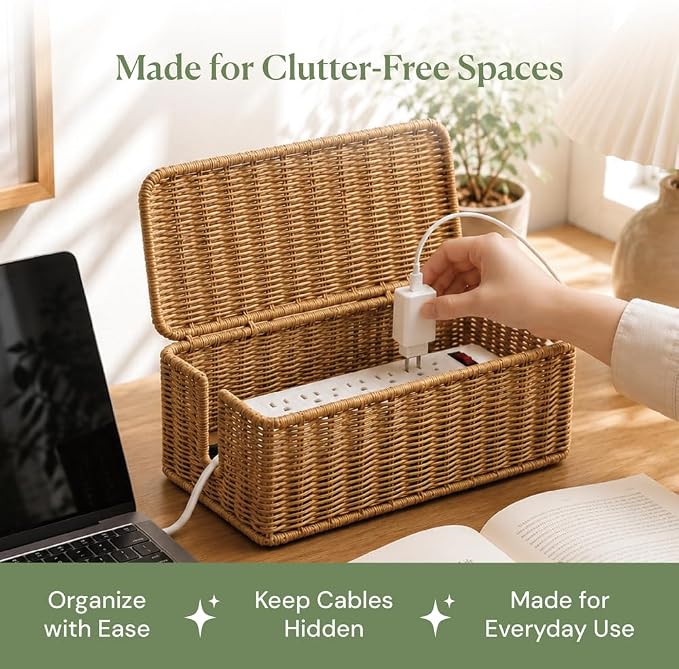 Cable Management Box, Handmade Rattan Cable Organizer with 2 Open Slots, Cord Hider for Power Strip, Router & USB Hub, Registered U.S. Design Patent (D1,112,102), 13" x 5.1" x 5.1", Natural - Image 9