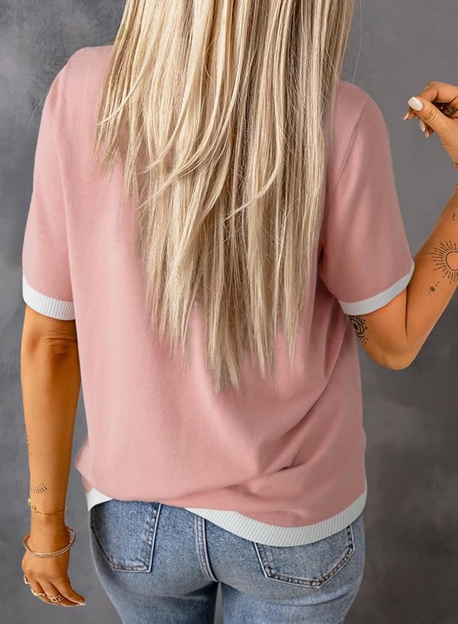 Dokotoo Womens Tops 2026 Casual Summer Crewneck Short Sleeve Striped Color Block Knit High Low Trendy Pullover Sweaters - Image 3
