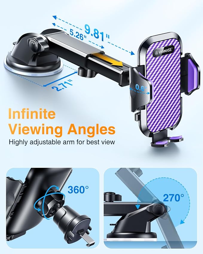 VANMASS Phone Holders for Your Car 2026 Ultimate Phone Mount Military-Grade Windshield Dashboard Vent【Newest Best Strongest】 Cell Phone Car Mount for iPhone 16 Pro Max 15 Samsung Android,Purple - Image 8