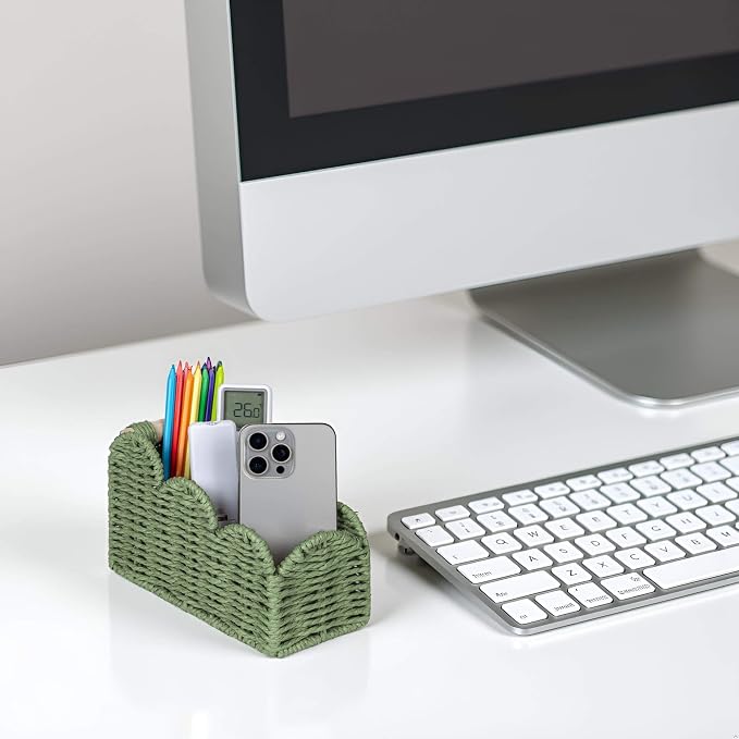 CubesLand Scalloped TV Remote Control Holder Bedside Candy Organizer, Office Desk Storage Organizer Accessories, Pen Pencil Cup, Makeup Brush Holder, Fits Farmhouse Rustic Decor, Earth Friendly, Green - Image 7
