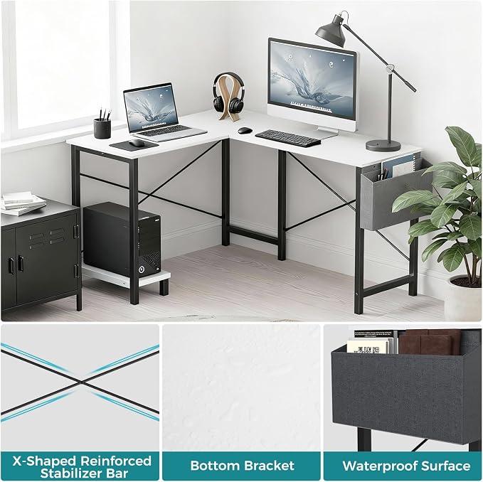 OLIXIS L Shaped Desk, 50-Inch Office Computer Gaming Desks Corner PC Table with Side Bag and Reversible Shelf for Home Work Study Writing White | Side Bag, Reversible Shelf, Home Work Study Writing, PC Workstation, Easy Assembly, White - Image 8