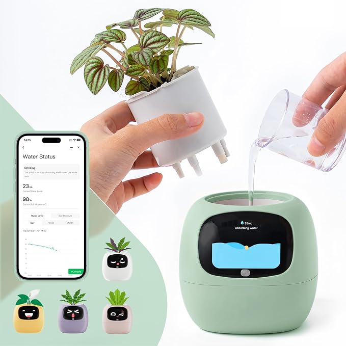 Upgraded AI Smart Flower Pot Multi-Emotion Interactive Digital Display Self Watering Planter, Monitor Soil Moisture/Water Level/Light/Battery, Supports 50+ Plants Decor for Desk Home Pet Office(Green) - Image 9