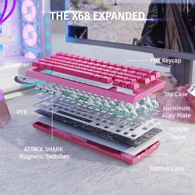 ATTACK SHARK X68HE RT Mechanical Gaming Keyboard 60% Wired TKL-Rose Contour | Adjustable Actuation,Hall Effect Magnetic Switch,8KHz Polling Rate,RGB Backlit,Top Mount,Side Printed Keycap for PC Mac Gamer - Image 9