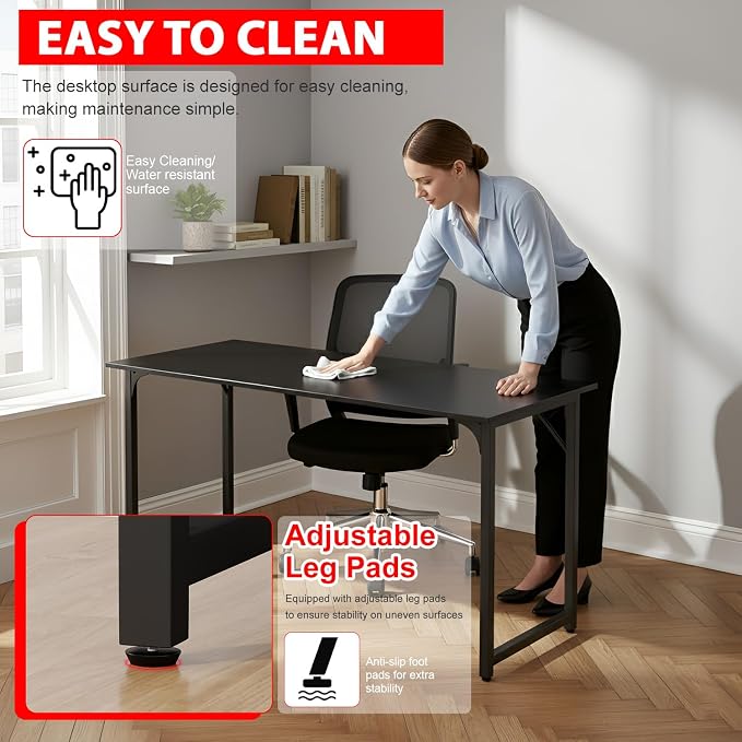 PayLessHere | 55 Inch Computer Desk | Black | Office Desk with Metal Frame, Adjustable Feet | Water-Resistant, Scratchproof Surface | Sturdy Writing Table for Home Office or Study | Pack of 1 - Image 7