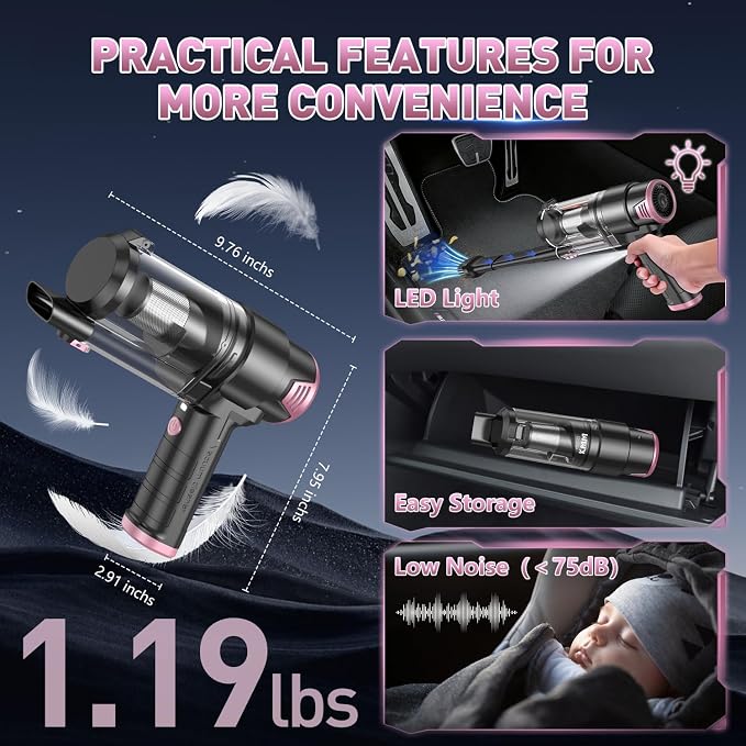 KMM Handheld Car Vacuum Cleaner, 16000PA Air Duster & Vacuum Cleaner, 120W High Power Hand Held Vacuum Cordless, Portable Vacuum Rechargeable with Multi-Nozzles & LED Light for Car, Home, Pet, Office - Image 7