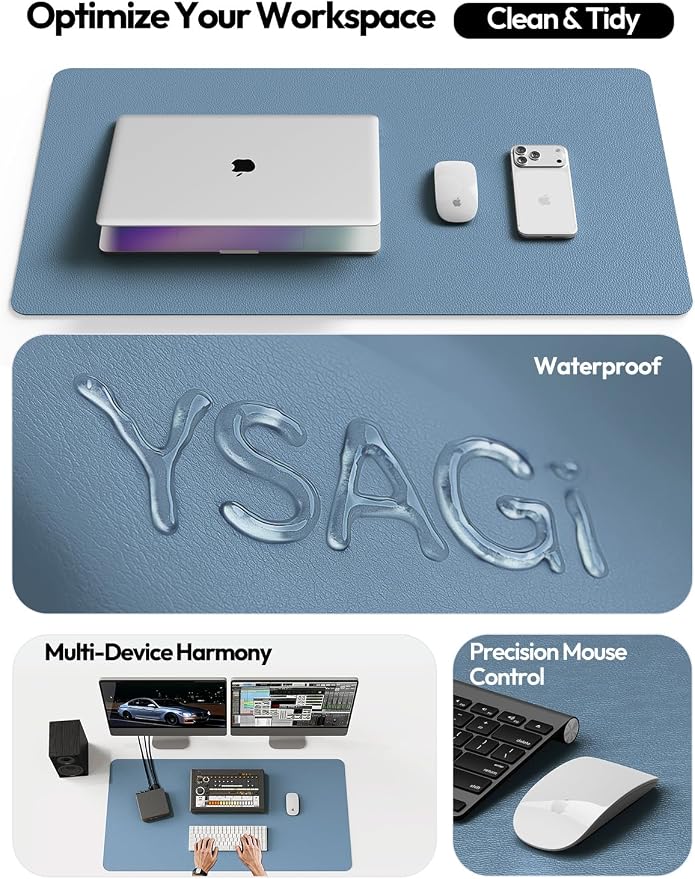 YSAGi Leather Desk Protector, Office Mat, Large Mouse Mat, Non-Slip PU Leather Blotter, Laptop Desk Mat, Waterproof Writing Pad for Office and Home(Blue, 63" x 17.2") - Image 8