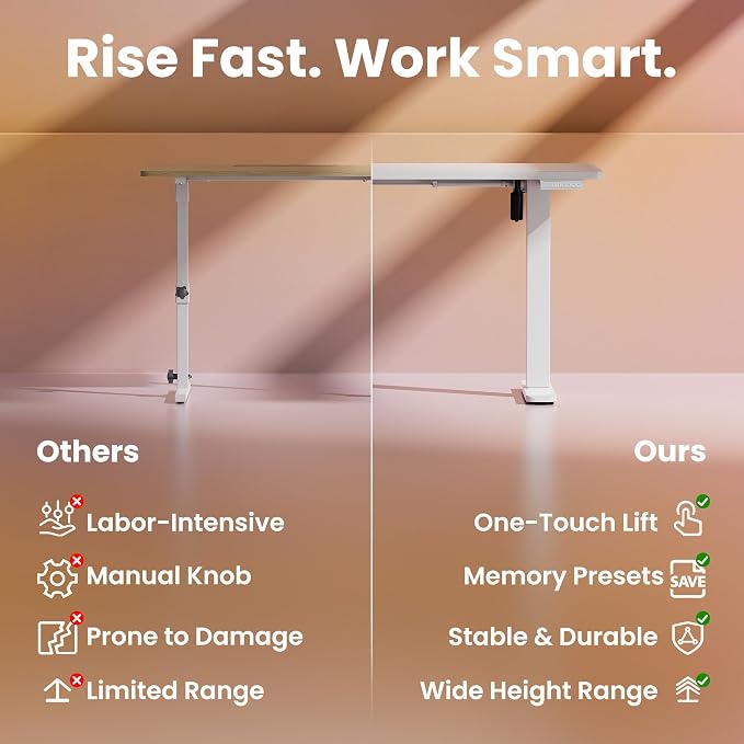 HUANUO 32x19 Inch Small Electric Standing Desk, Adjustable, White | Compact Home Office Desk, 176lbs Heavy Duty Lifting with 4 Height Presets. M8 Screw Holes Ready for DIY Mobile Wheels - Image 8