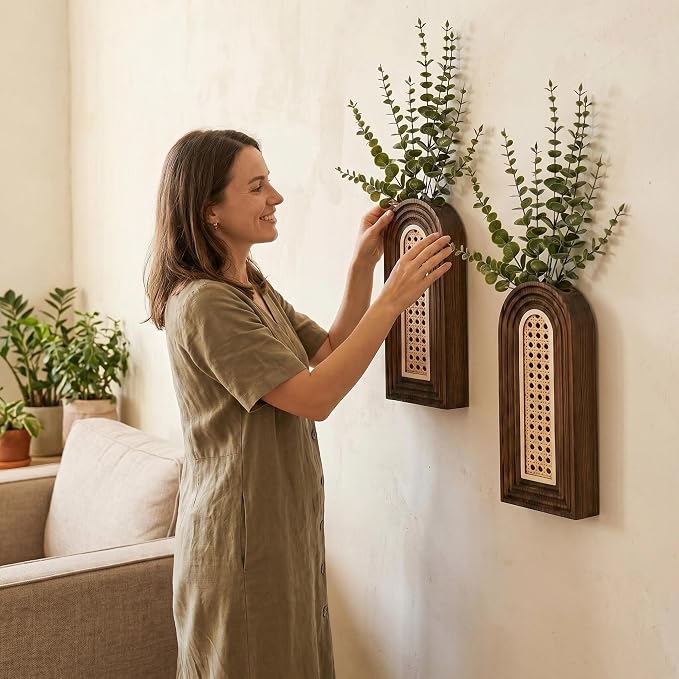 Dnnnii 2 Pack Wooden Wall Vase Set - Dark Brown Finish Hollow Rattan Modern Farmhouse & Boho Wall Decor for Entryway, Hallway, Bathroom, Living Room, Dining Room, Narrow Spaces - Image 6