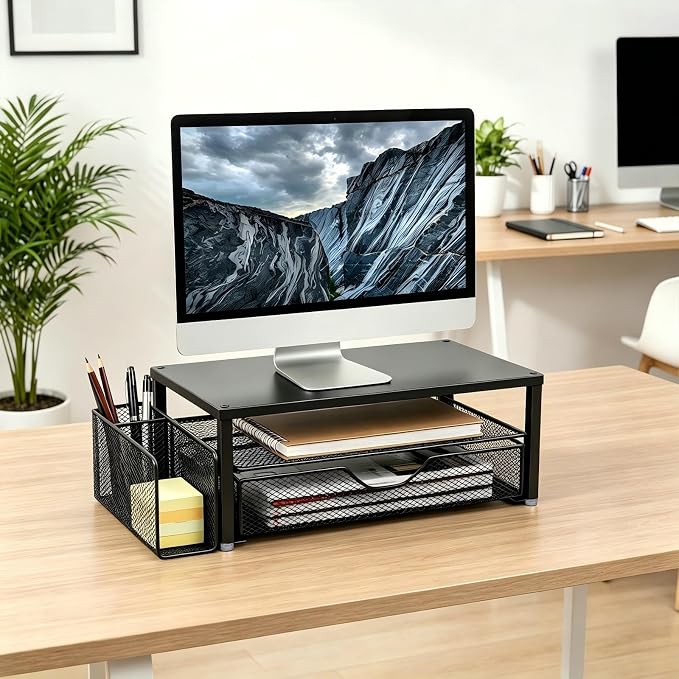 Spacrea Desk Organizer and Accessories, Computer Monitor Stand Riser with Drawer and 1 Open Pen Holder, Printer & Laptop Stand, Office Desk Accessories for Home Office Supplies (Black) - Image 7
