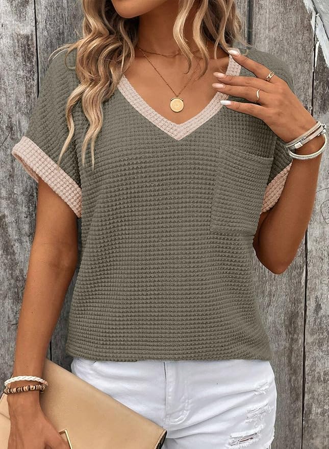 Dokotoo Womens Waffle Knit Tops 2026 Spring Summer V Neck Shirts Casual Trendy Women's Blouses Basic Tee - Image 5