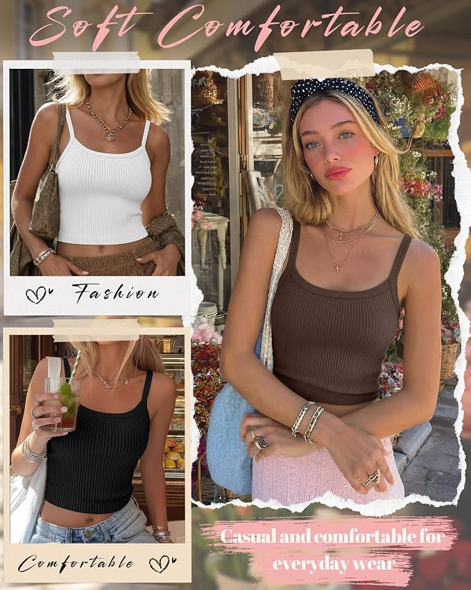 Ficerd 3 Pack Women's Tank Tops 95% Cotton Spaghetti Strap Ribbed Crop Camisole Slim Fitted Basic Summer Sleeveless Layer - Image 5