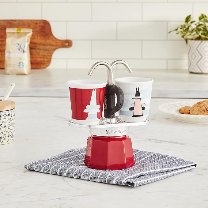 Bialetti - Mini Express Magritte: Moka Set includes Coffee Maker 2-Cup (2.8 Oz) + 2 shot glasses, Red, Aluminium - Image 6