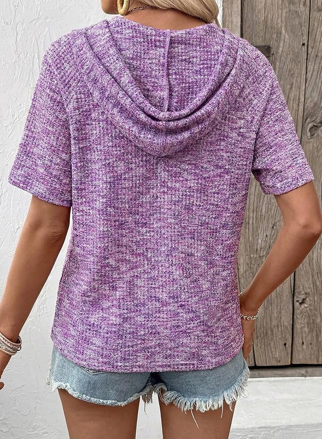 Dokotoo Womens Summer Tops 2026 Short Sleeve Button V Neck Waffle Knit Lightweight Drawstring Hoodies Casual Blouses Shirts - Image 4