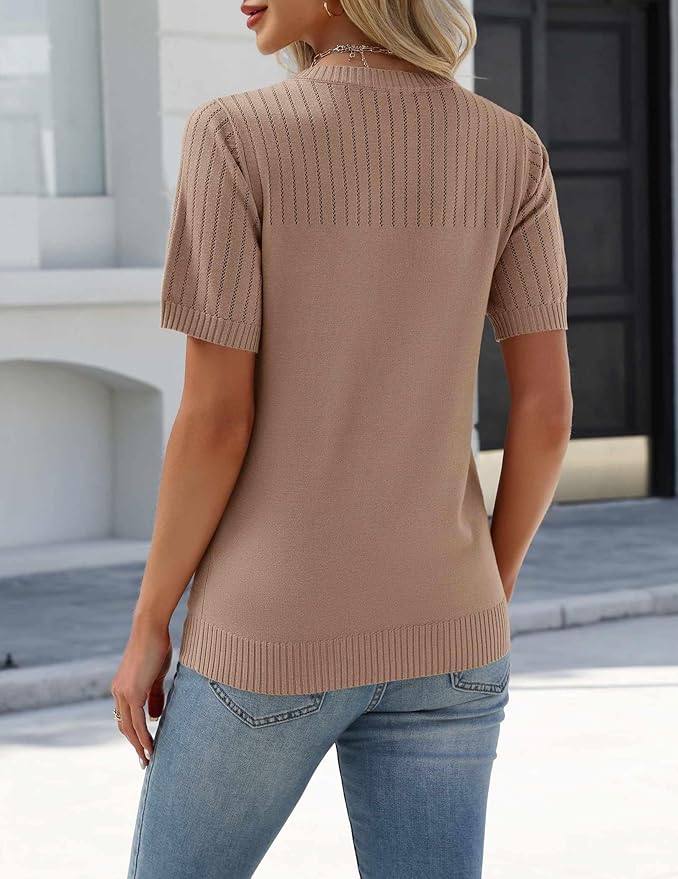 Zeagoo Women's Short Sleeve Sweater Tops 2026 Spring Summer Crew Neck Hollow Out Blouses Dressy Business Casual Outfits - Image 5
