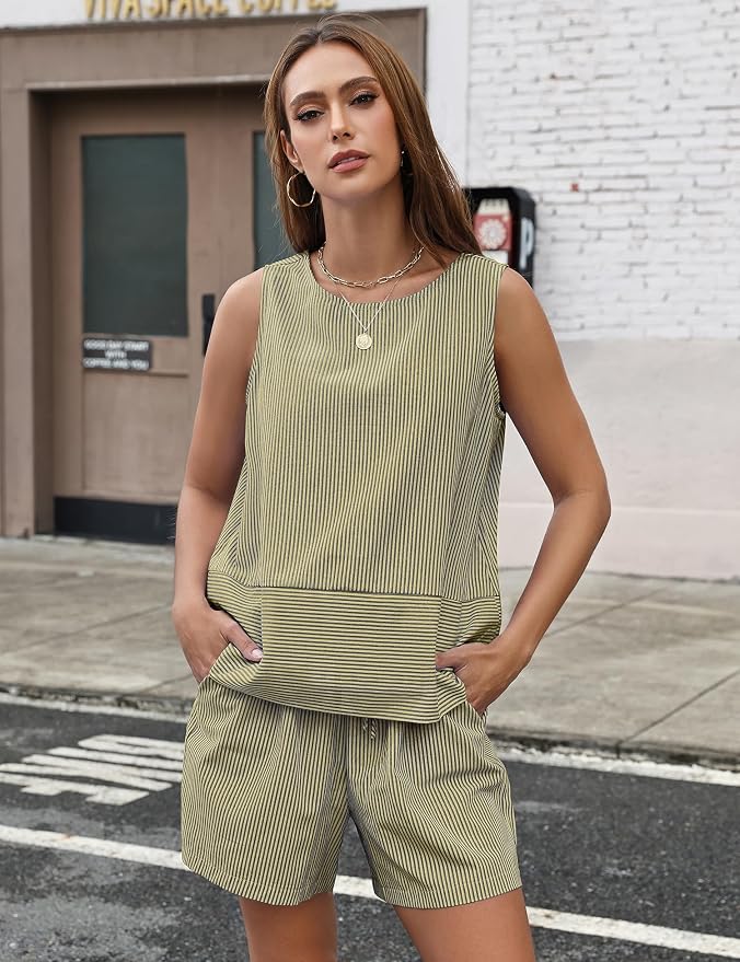 LOMON Women's Trendy 2 Piece Outfits Shorts Sets Summer Crew Neck Sleeveless Tank Top and Bottom Matching with Pockets 2026 - Image 7