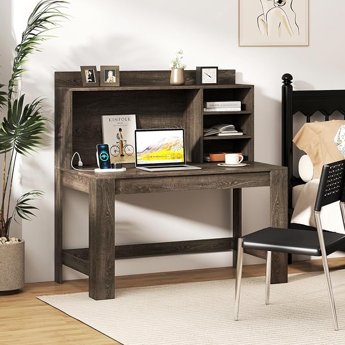 Giantex Computer Desk with Hutch, Modern Home Office Desk with Power Outlets, Storage Shelves & Cable Hole, Makeup Vanity Table, Study Writing Desk for Bedroom Office Small Space (Grey Oak) - Image 9